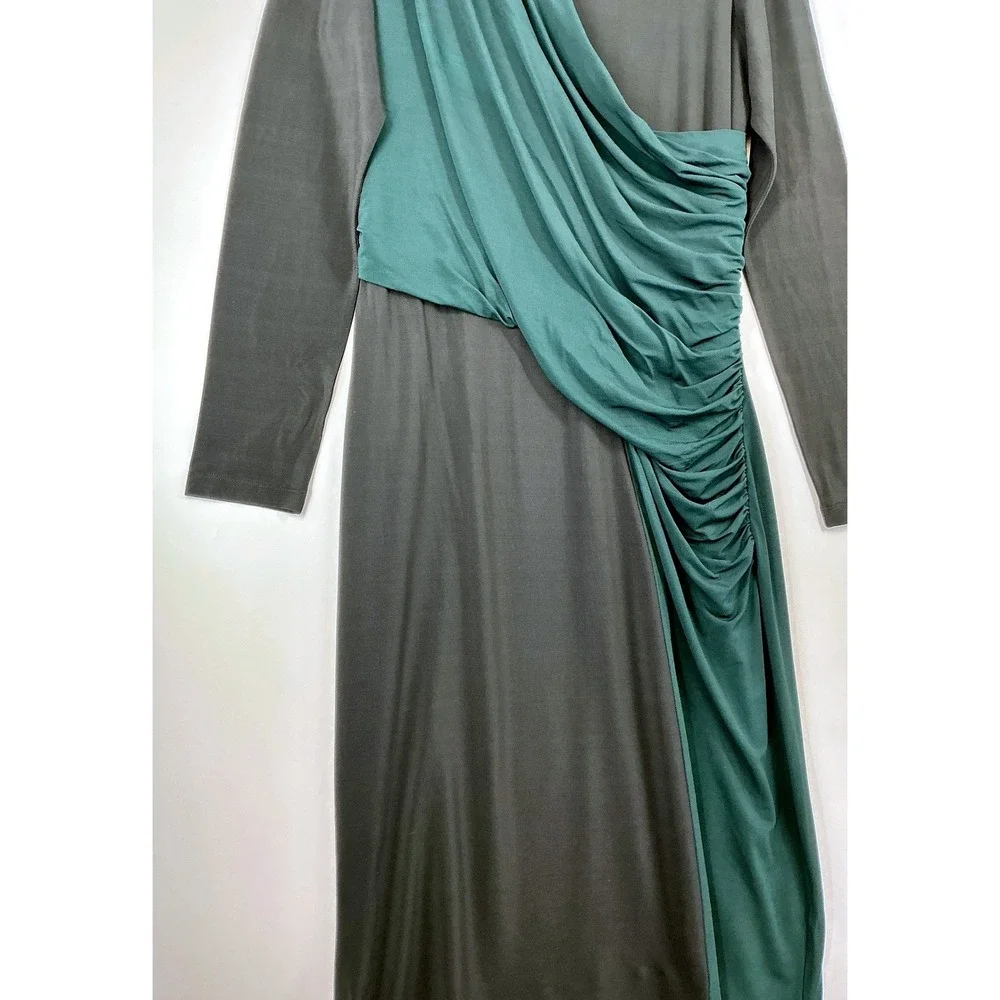 Hugo Boss Eretha Black Green Colorblock Dress Sz XL Ruched Long Sleeve Cocktail - Picture 6 of 14
